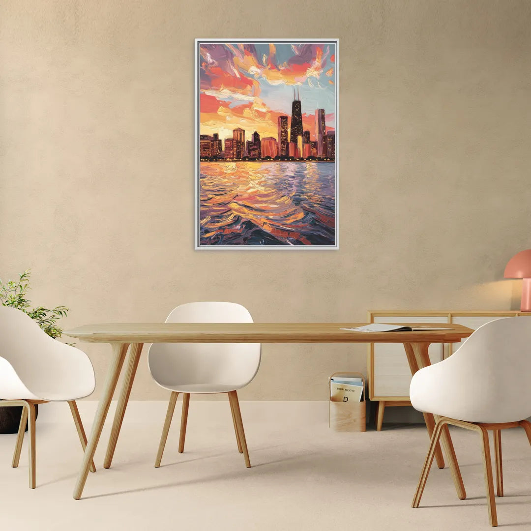 Chicago Sunset Over the Lake - Living Room White Frame Canvas