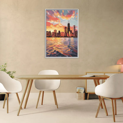 Chicago Sunset Over the Lake - Living Room White Frame Canvas