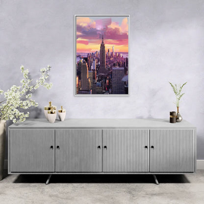 New York City Sunset Over Skyline - Living Room White Frame Canvas
