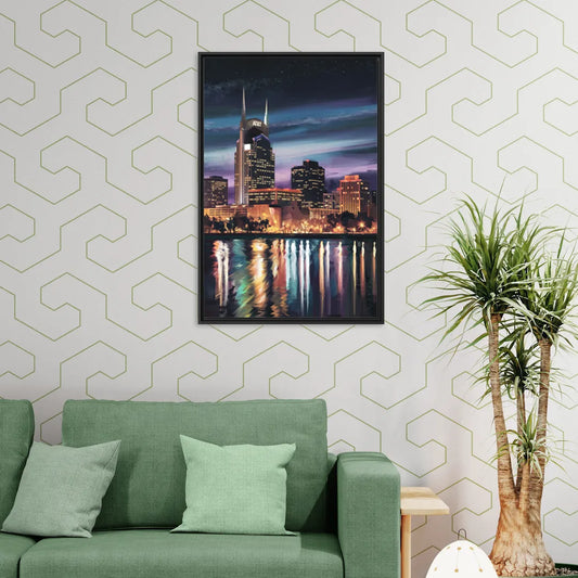 Nashville Cityscape at Night - Living Room Black Frame Canvas