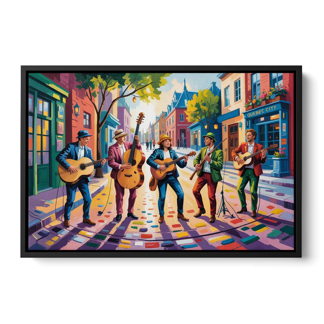 Quebec City Street Musicians - Black Frame Canvas