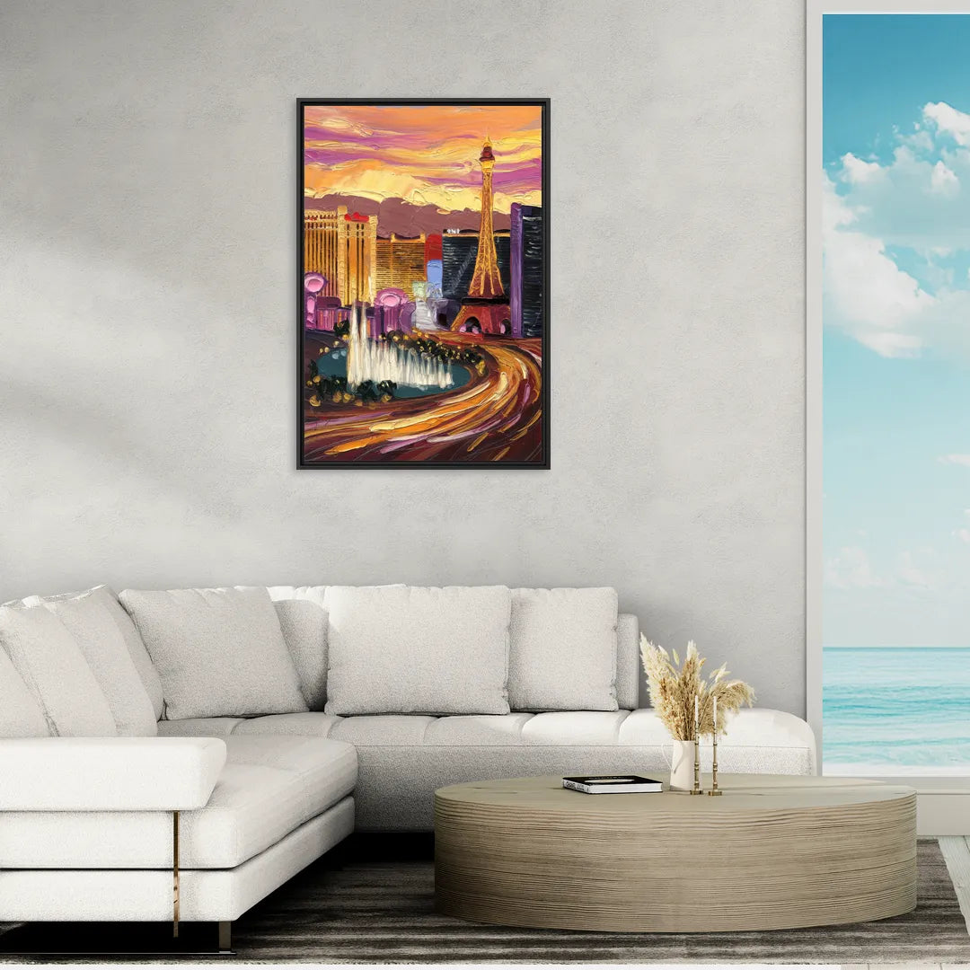 Las Vegas Skyline at Sunset - Living Room Black Frame Canvas