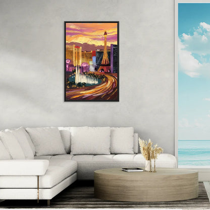 Las Vegas Skyline at Sunset - Living Room Black Frame Canvas