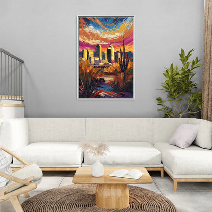 Phoenix Downtown Cityscape - Living Room White Frame Canvas