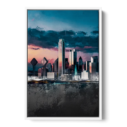 Dallas Cityscape Panorama - White Frame Canvas