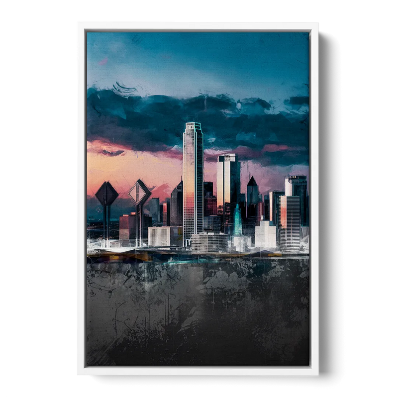 Dallas Cityscape Panorama - White Frame Canvas