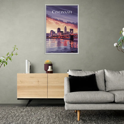 Cincinnati Skyline Over the Ohio River - Living Room White Frame Canvas
