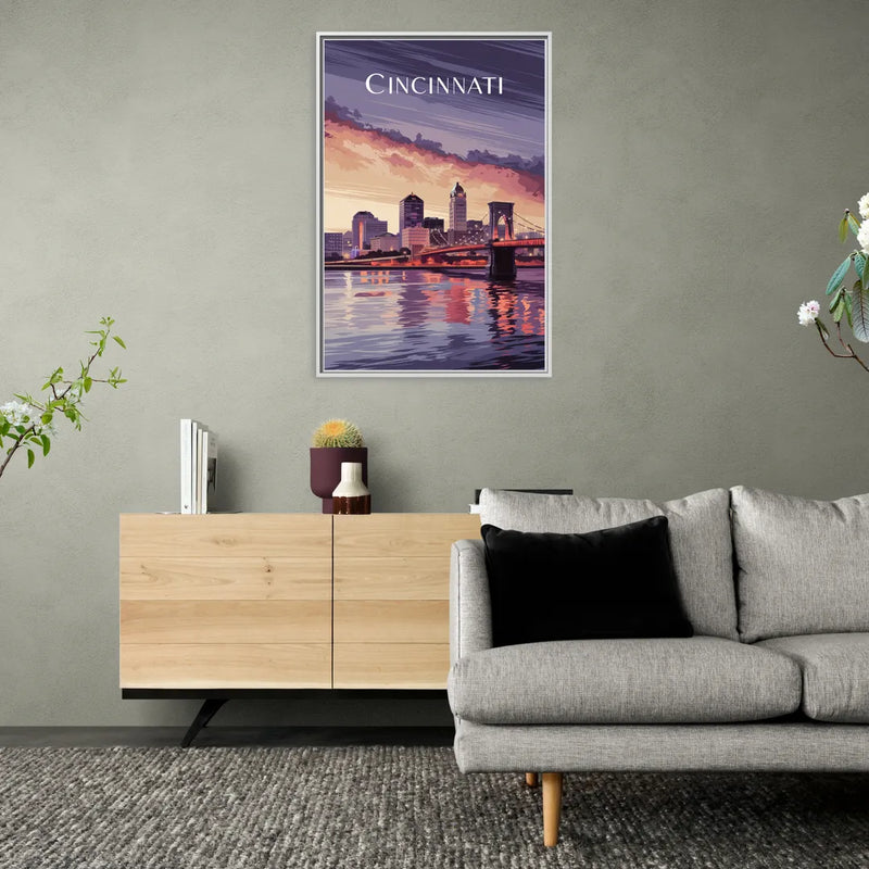 Cincinnati Skyline Over the Ohio River - Living Room White Frame Canvas