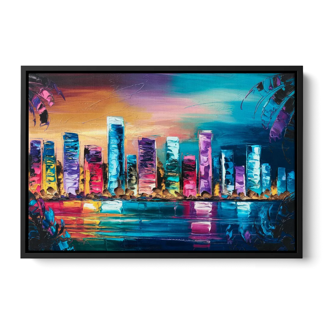 Miami Skyline Reflection - Black Frame Canvas