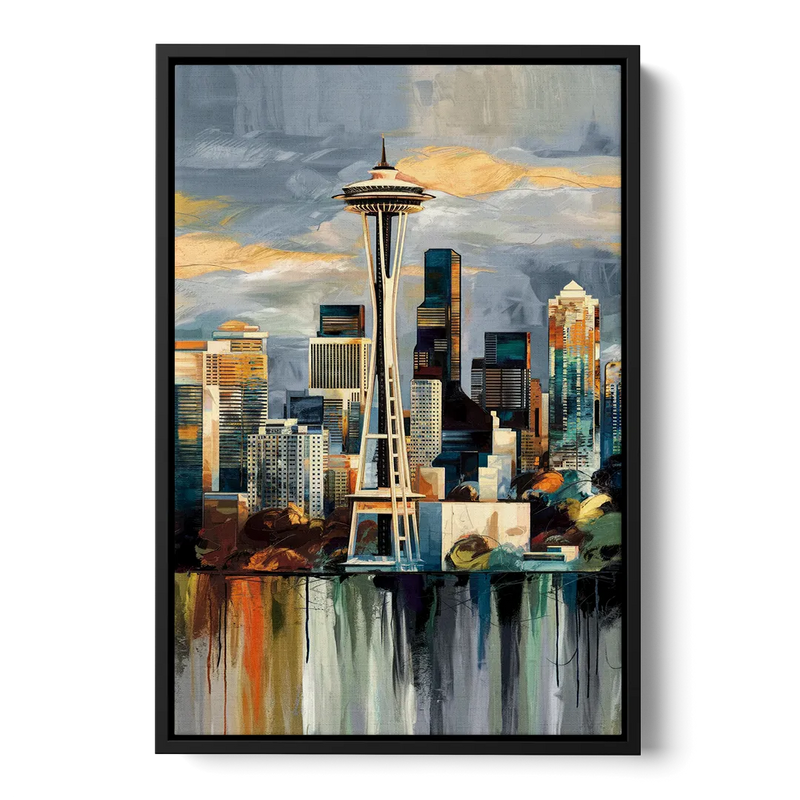 Seattle Skyline Panorama - Black Frame Canvas