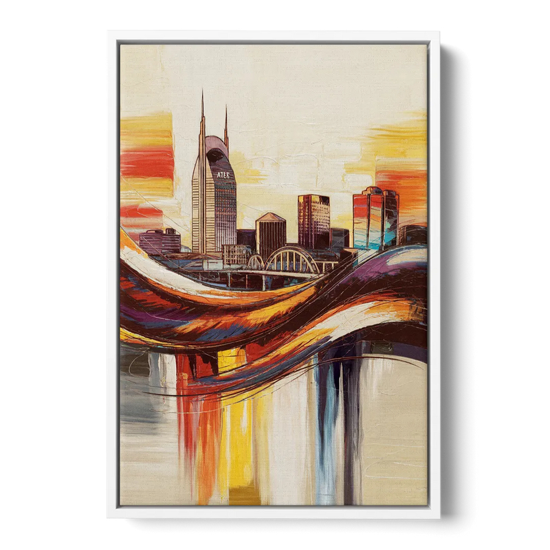 Nashville Skyline at Sunset - White Frame Canvas