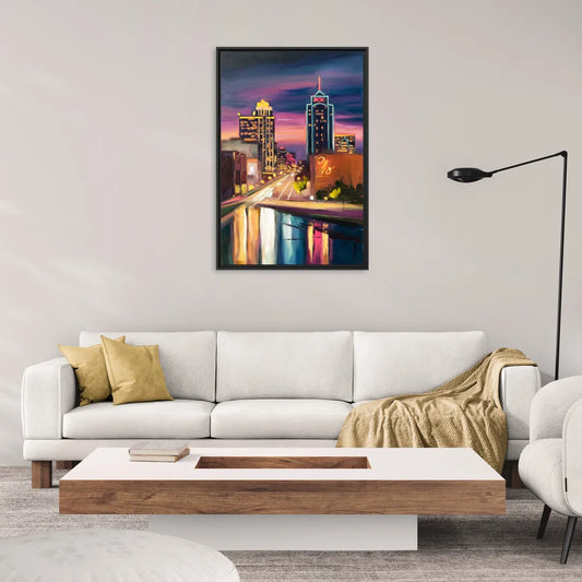 Tulsa Cityscape Glow - Living Room Black Frame Canvas