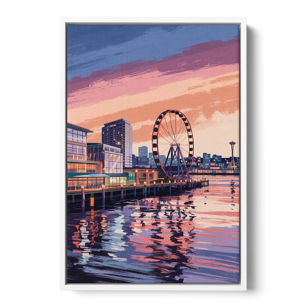 Seattle Waterfront Scene - White Frame Canvas