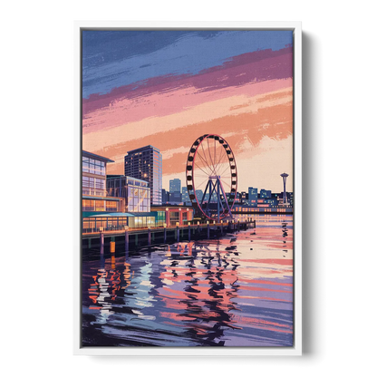 Seattle Waterfront Scene - White Frame Canvas