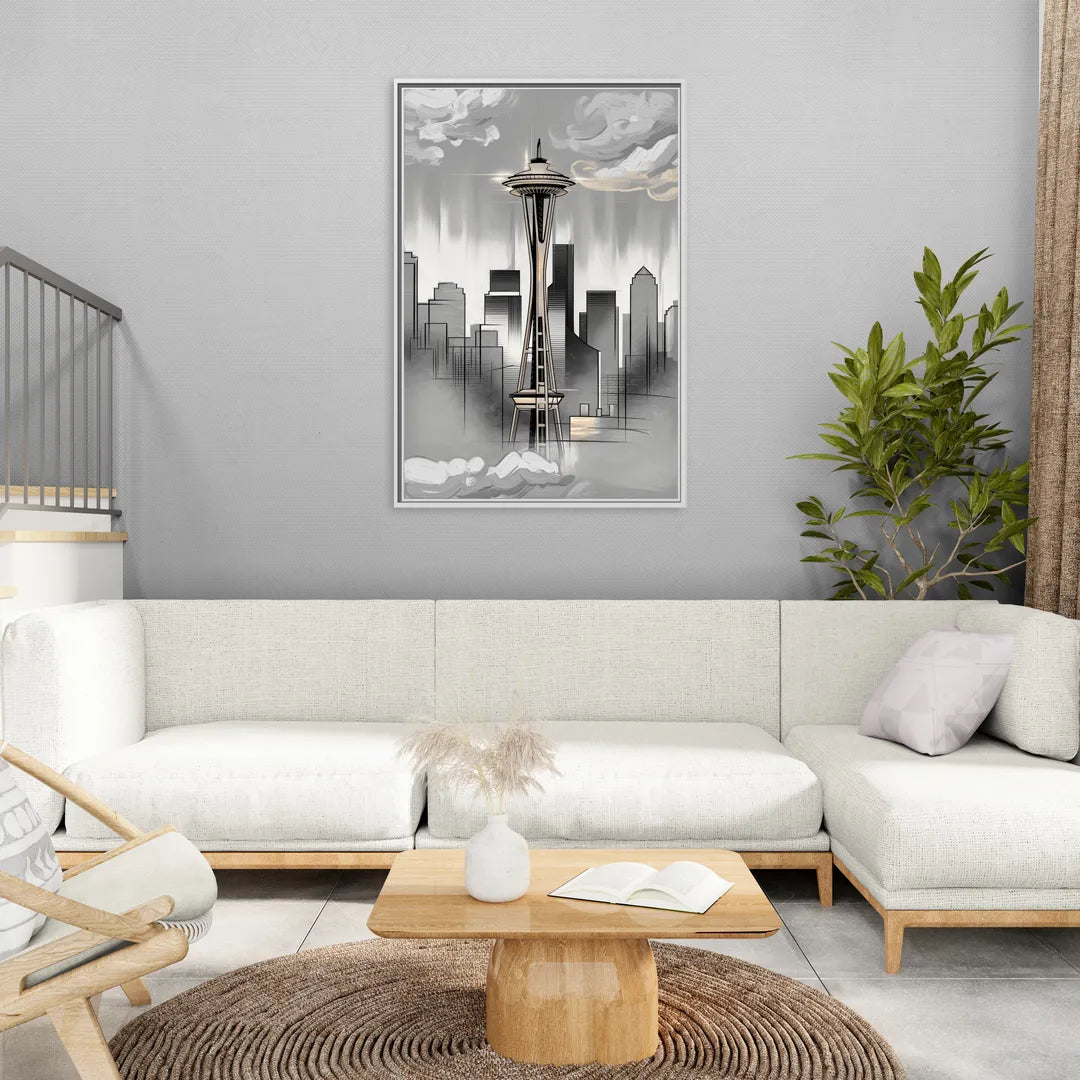 Seattle Space Needle Silhouette - Living Room White Frame Canvas