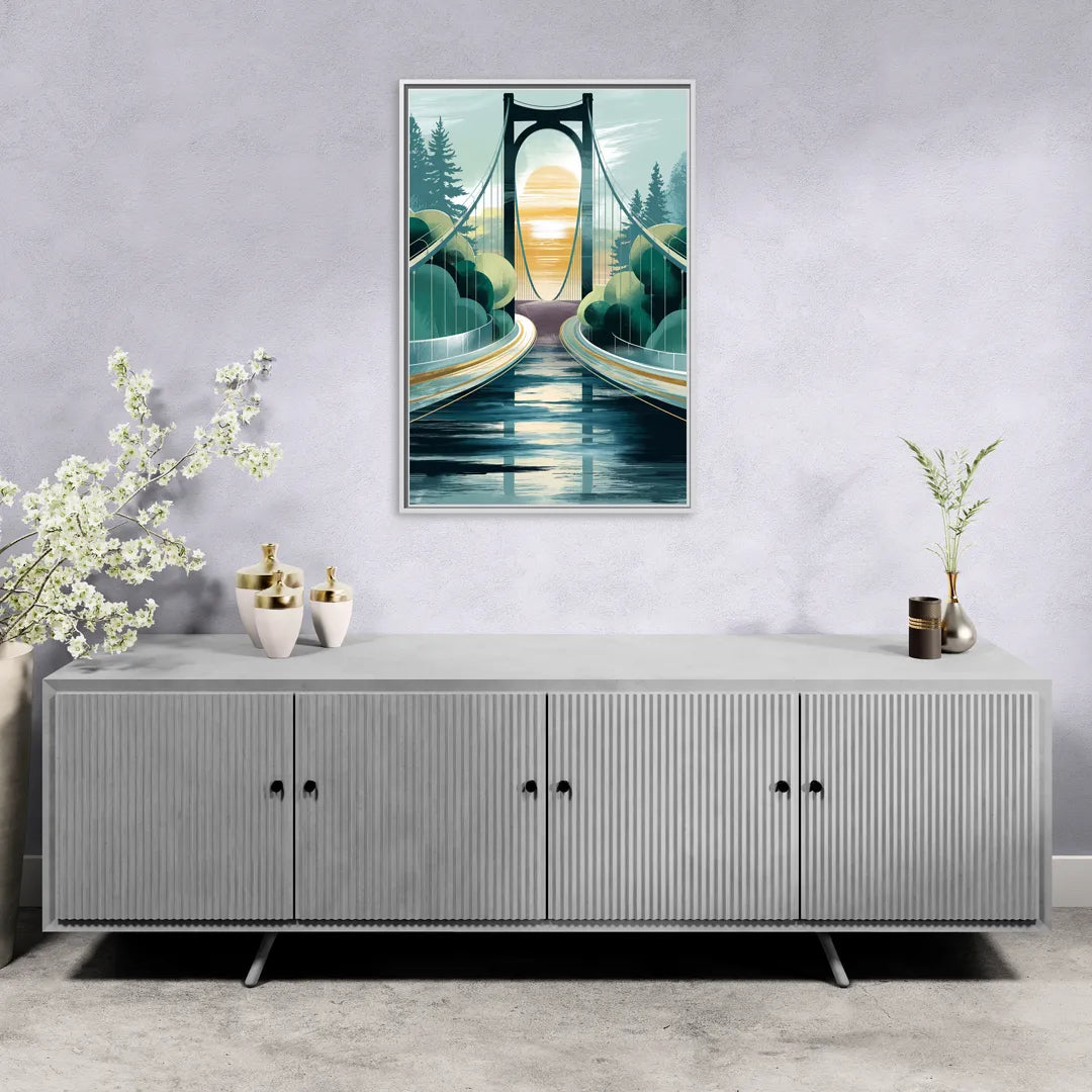 Tacoma Narrows Bridge Scene - Living Room White Frame Canvas
