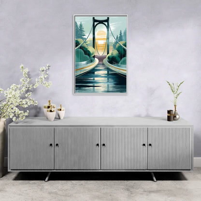 Tacoma Narrows Bridge Scene - Living Room White Frame Canvas