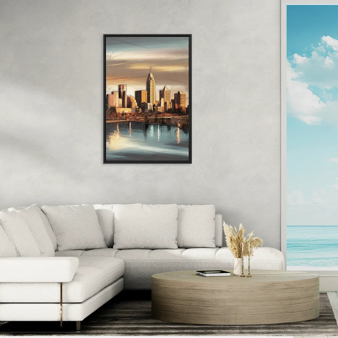 Des Moines Skyline Panorama - Living Room Black Frame Canvas