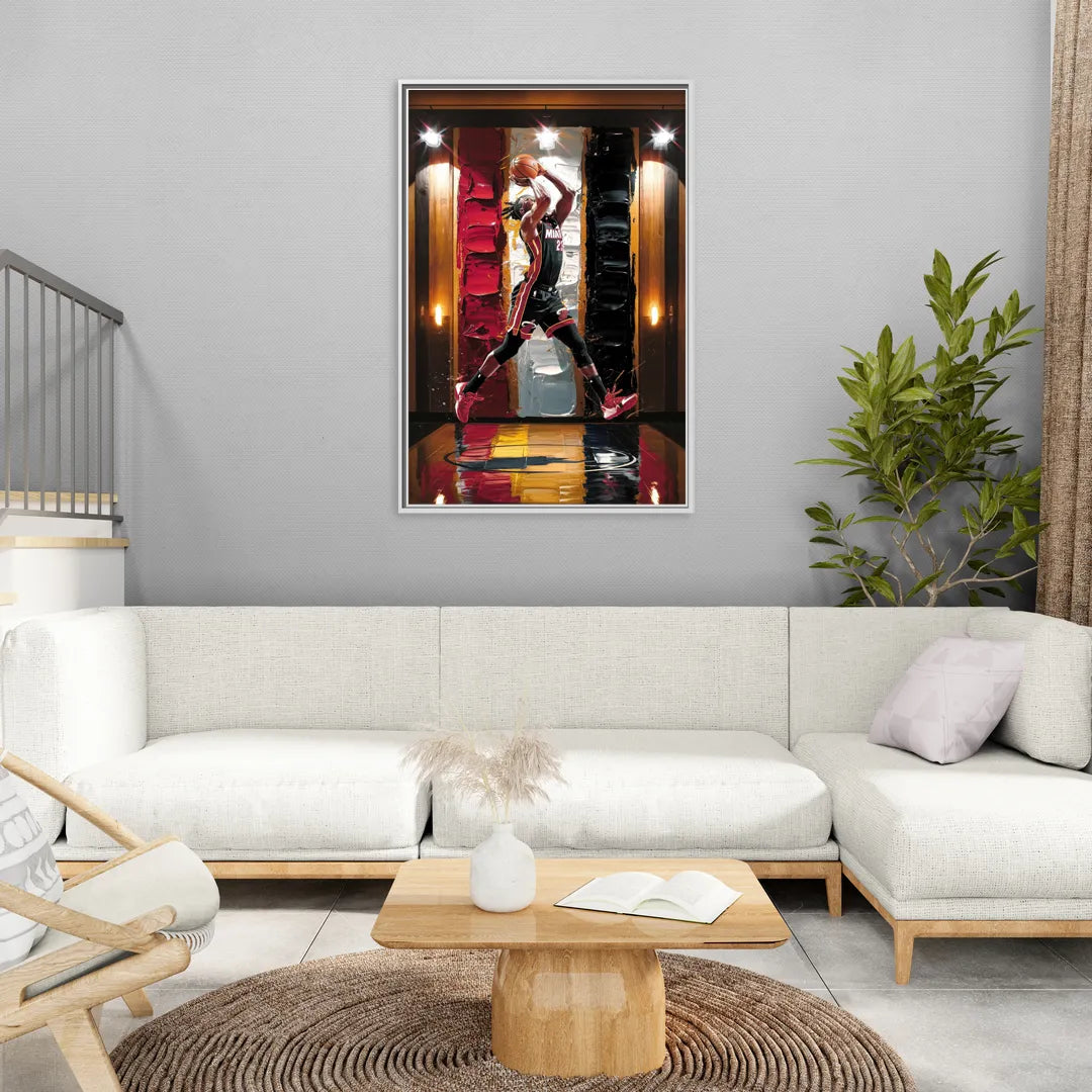 Miami Heat Court Action - Living Room White Frame Canvas
