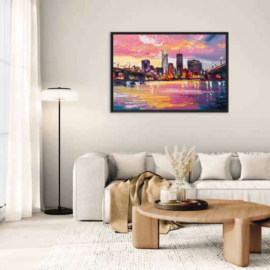 Cleveland Skyline At Sunset - Living Room Black Frame Canvas