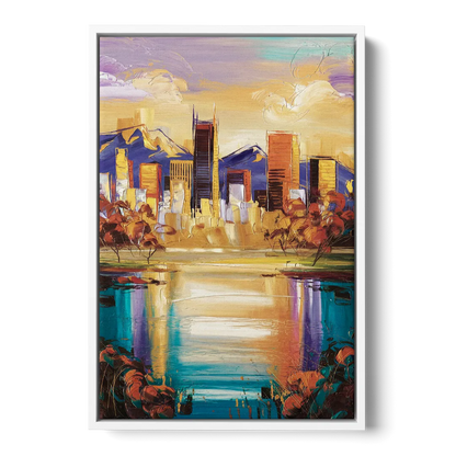 Denver Skyline Reflection - White Frame Canvas