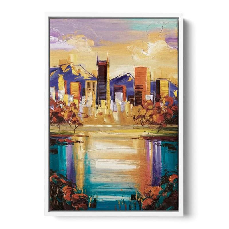 Denver Skyline Reflection - White Frame Canvas