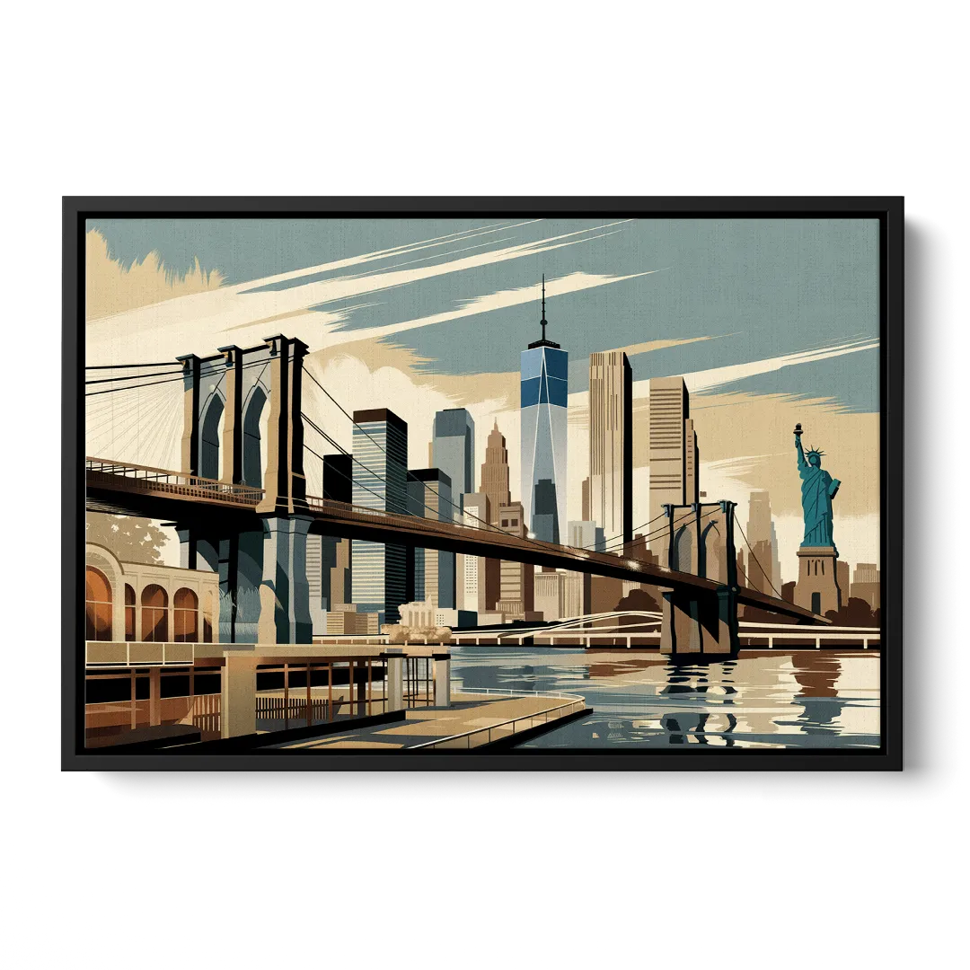 New York Brooklyn Bridge And Statue Of Liberty - Black Frame Canvas