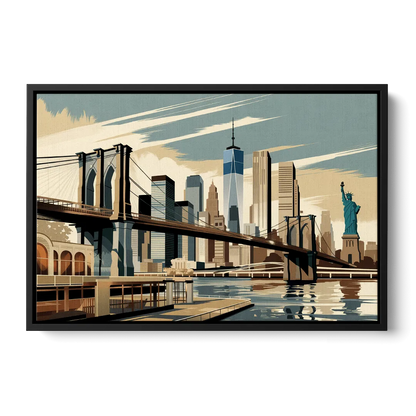 New York Brooklyn Bridge And Statue Of Liberty - Black Frame Canvas