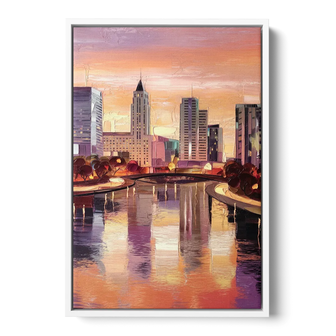 Columbus Cityscape Reflection - White Frame Canvas