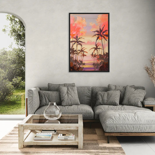 Honolulu Palm Trees Silhouette - Living Room Black Frame Canvas