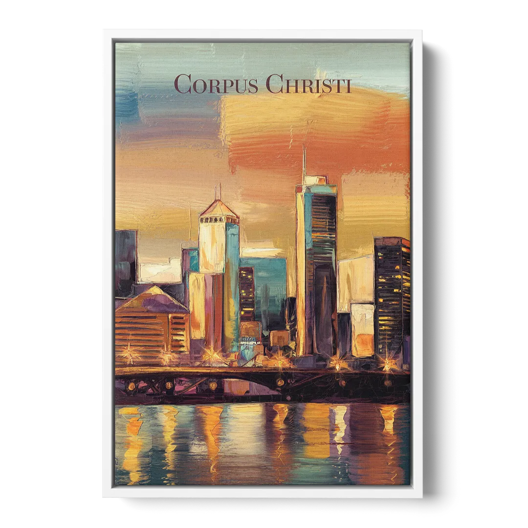 Corpus Christi Skyline View - White Frame Canvas