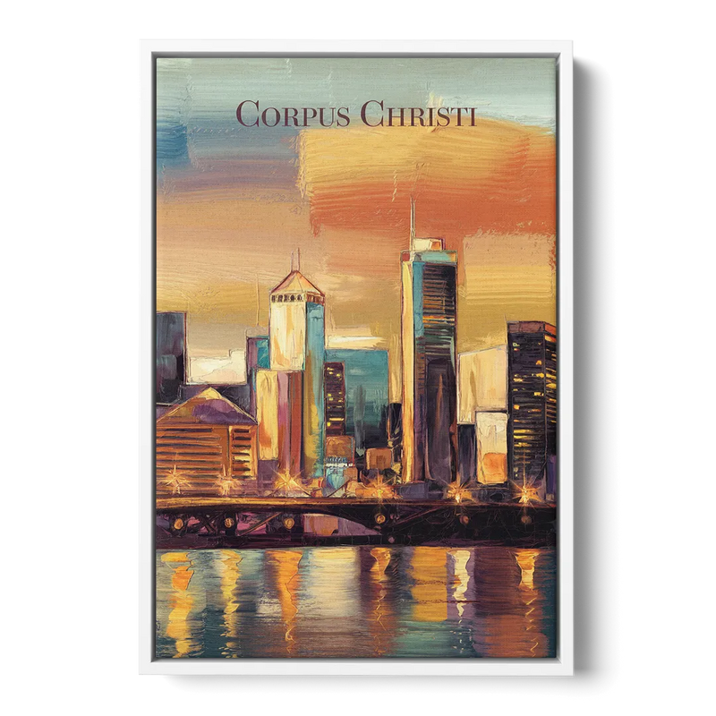 Corpus Christi Skyline View - White Frame Canvas