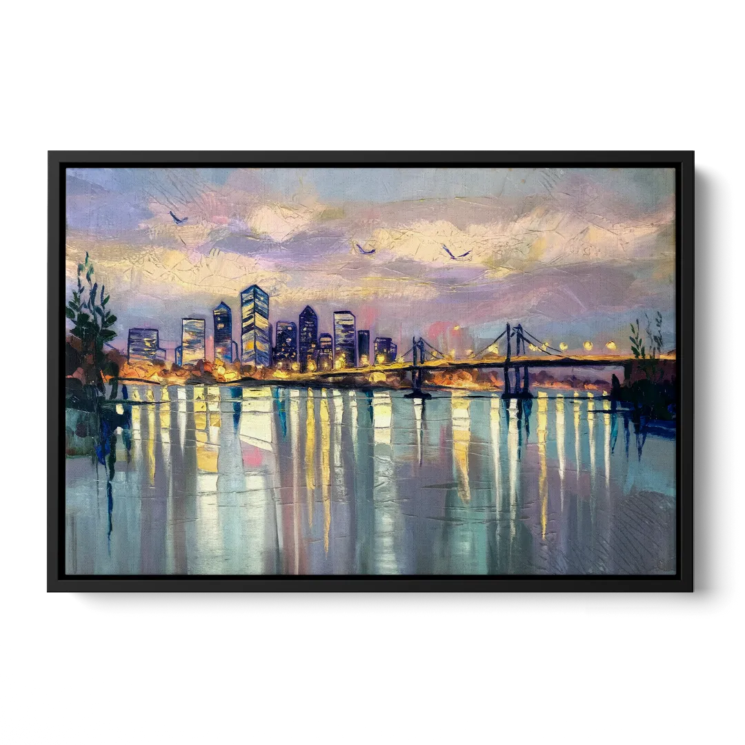 Portland Waterfront Reflection - Black Frame Canvas