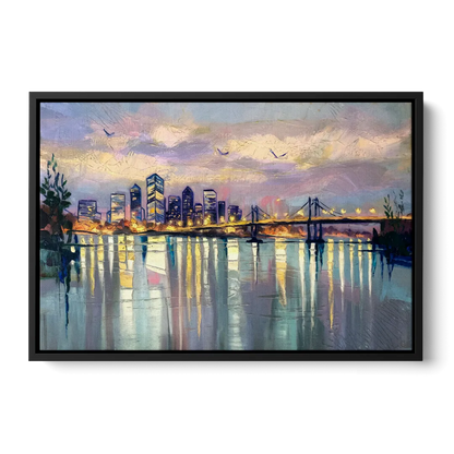 Portland Waterfront Reflection - Black Frame Canvas