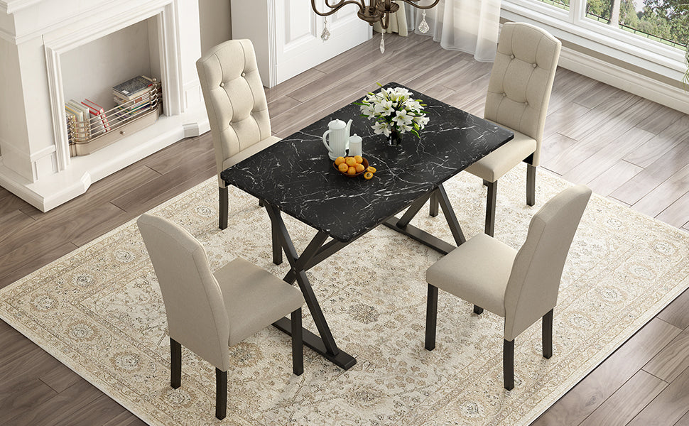 5-Piece Solid Wood Dining Set with Faux Marble Top – Sleek & Elegant