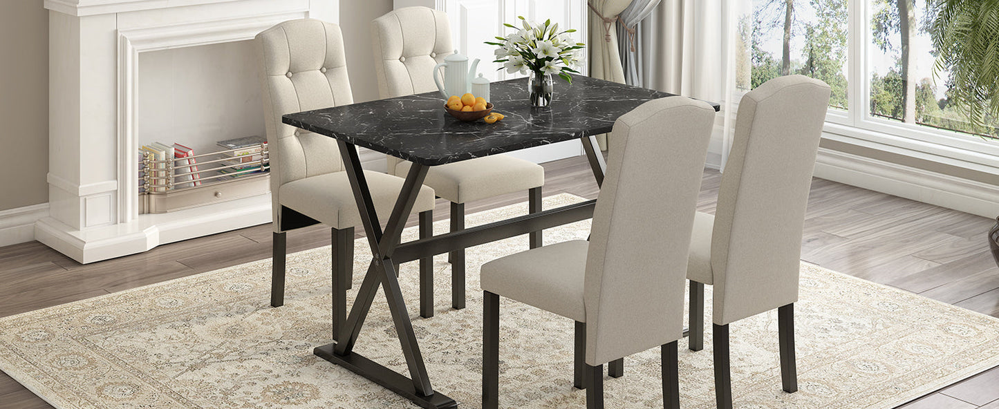 5-Piece Solid Wood Dining Set with Faux Marble Top – Sleek & Elegant