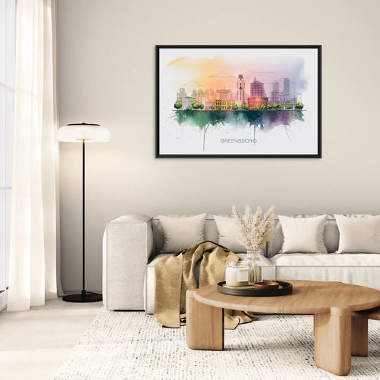 Greensboro Skyline Sunset - Living Room Black Frame Canvas