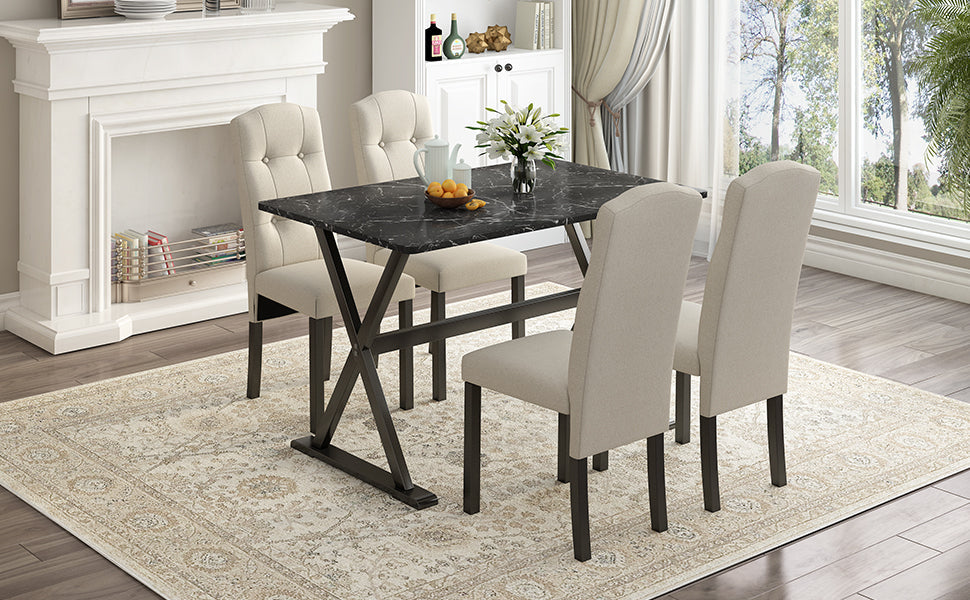 5-Piece Solid Wood Dining Set with Faux Marble Top – Sleek & Elegant