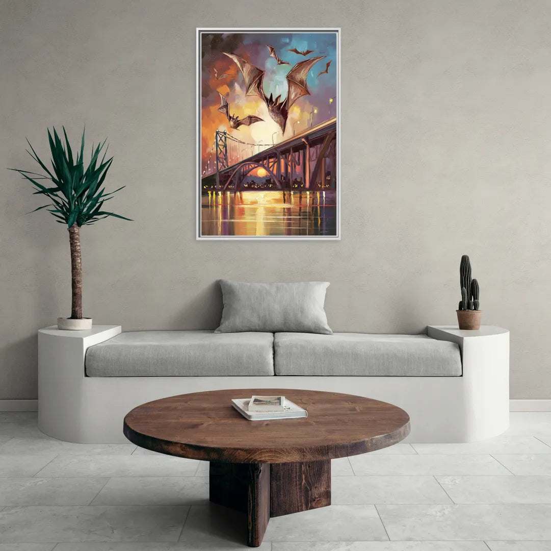 Austin Soaring Bats Scene - Living Room White Frame Canvas