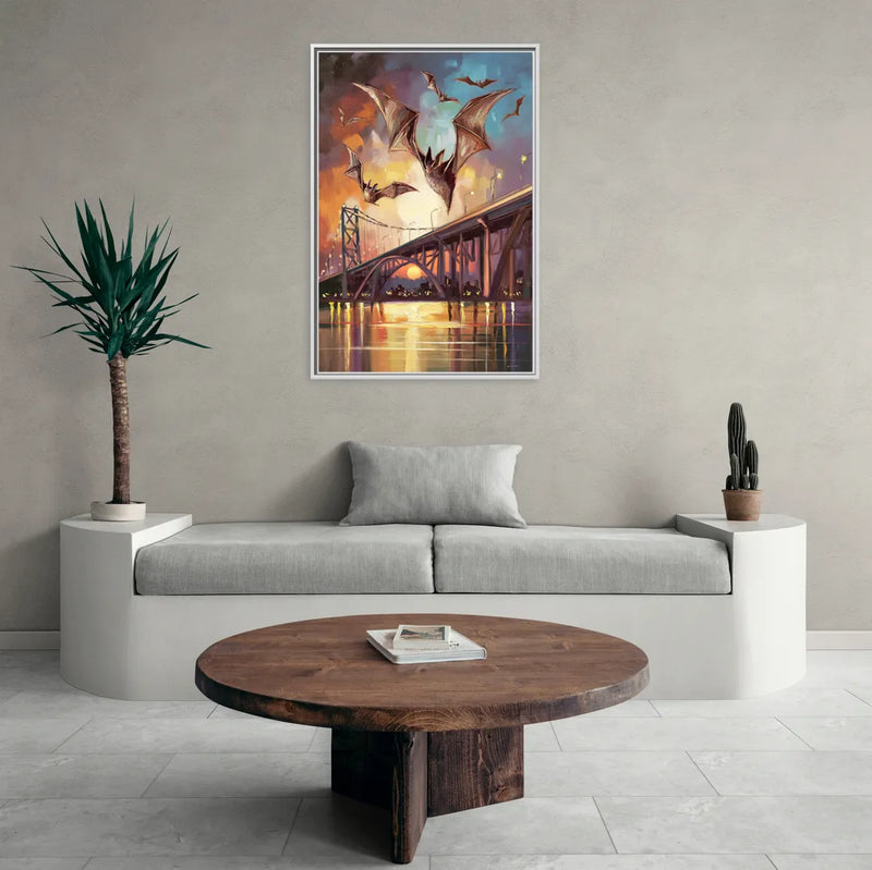 Austin Soaring Bats Scene - Living Room White Frame Canvas