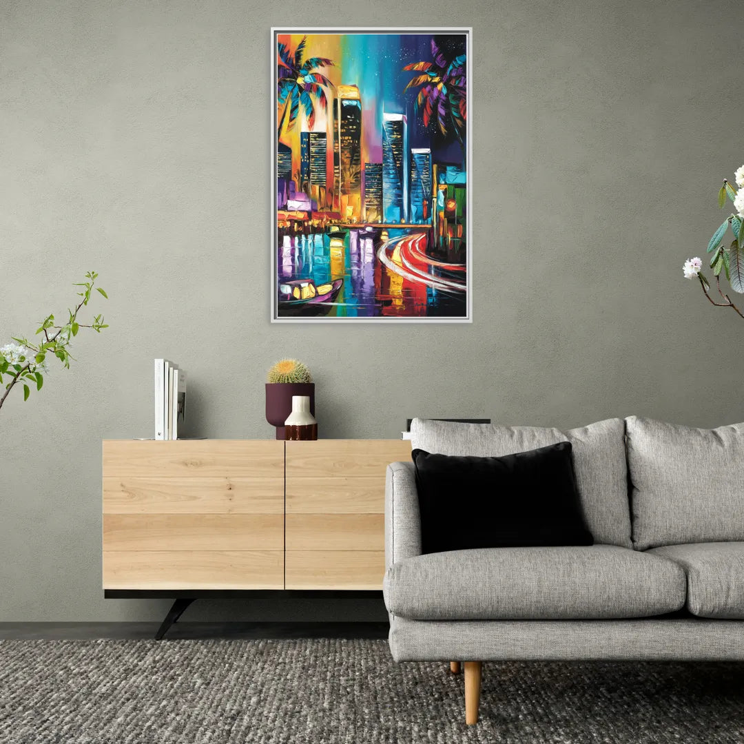 Miami Downtown Energy - Living Room White Frame Canvas