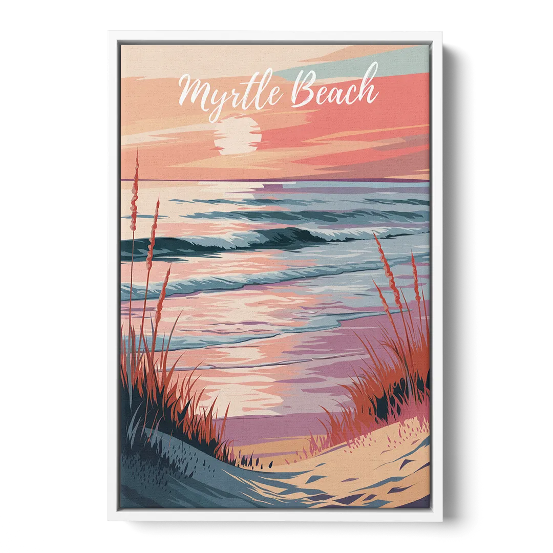 Myrtle Beach Sunset Reflections - White Frame Canvas