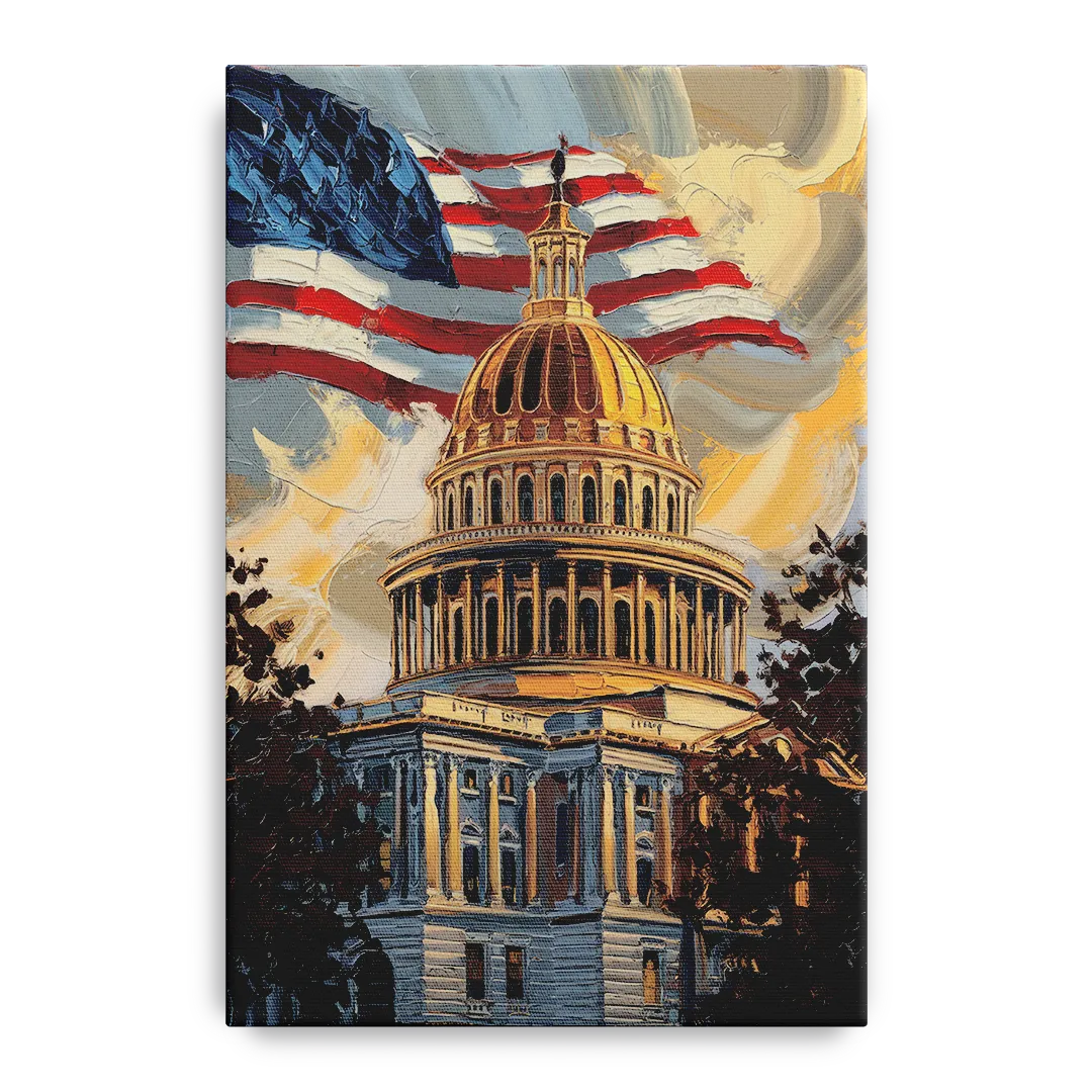 Savannah Capitol with American Flag - Canvas Wall Art