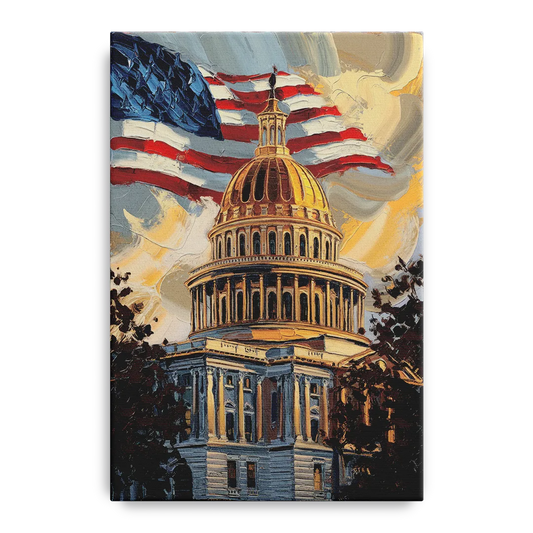 Savannah Capitol with American Flag - Canvas Wall Art