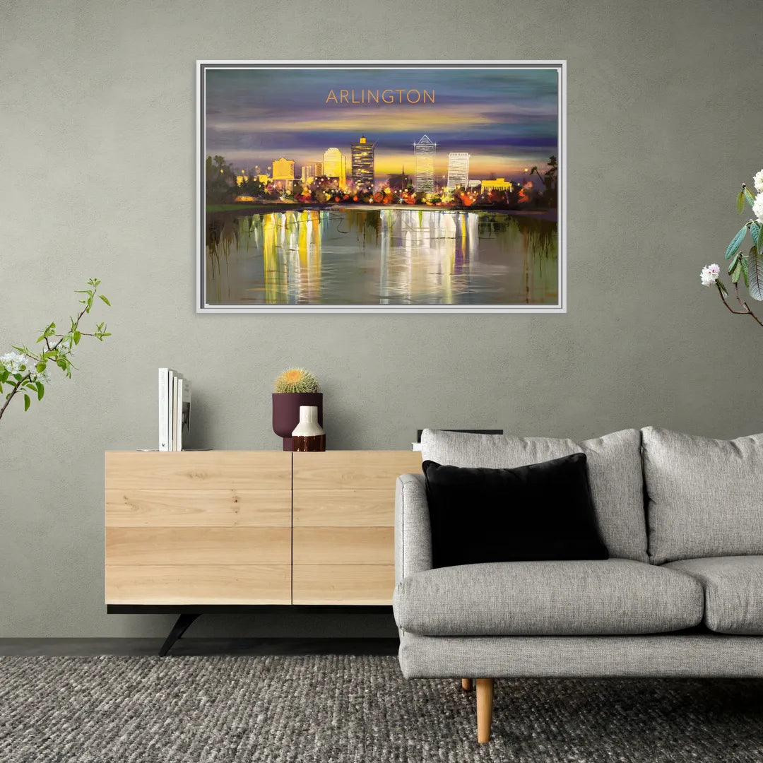 Arlington Cityscape Reflection - Living Room White Frame Canvas
