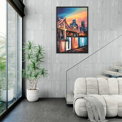 Cincinnati Skyline and Historic Bridges - Living Room Black Frame Canvas