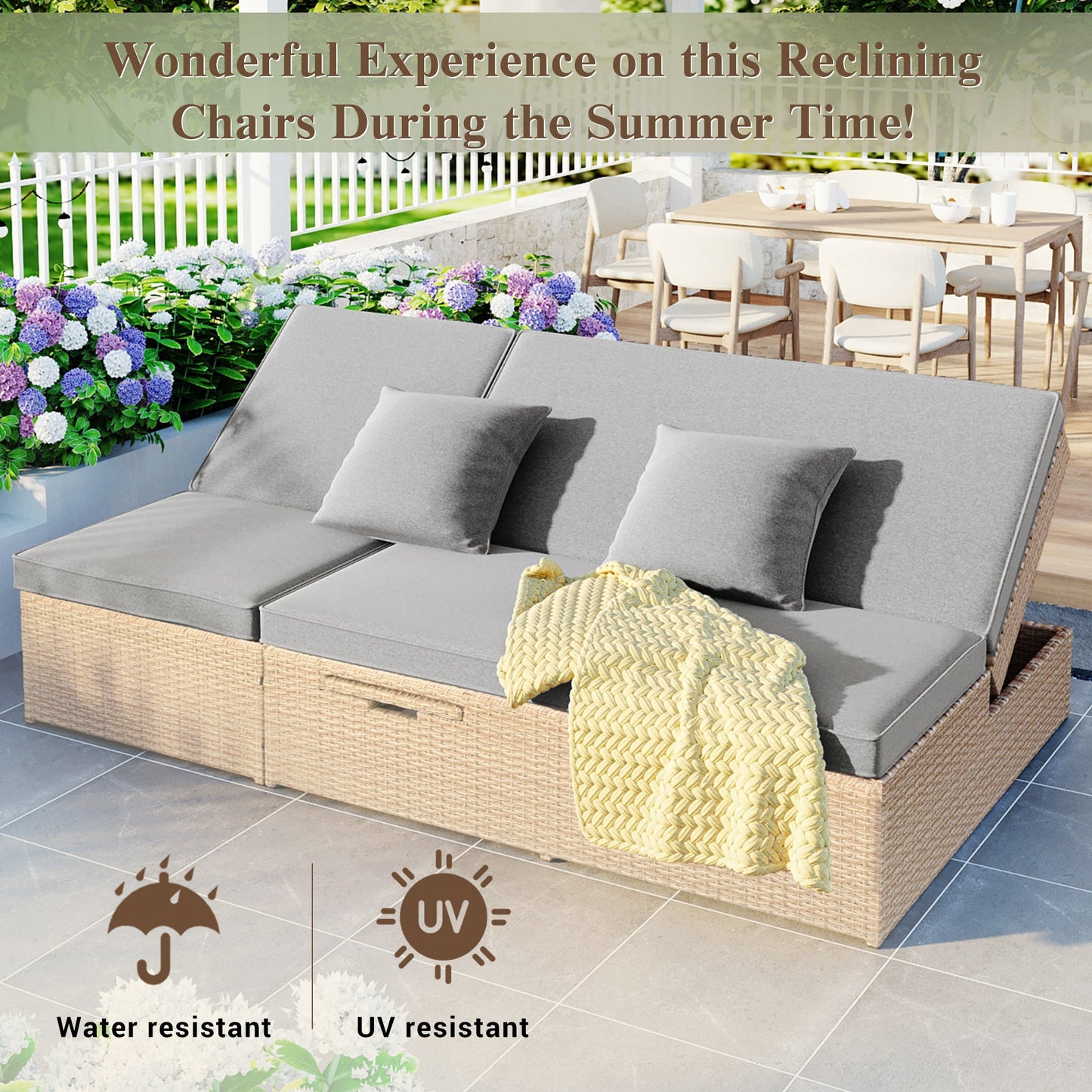 Outdoor Double Daybed – Reclining Wicker Rattan with Patio Cushions