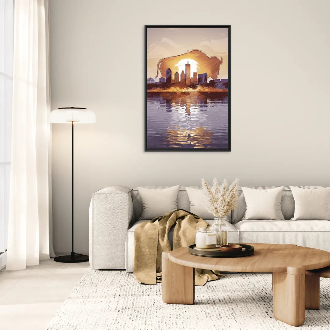 Buffalo Cityscape Reflection - Living Room Black Frame Canvas