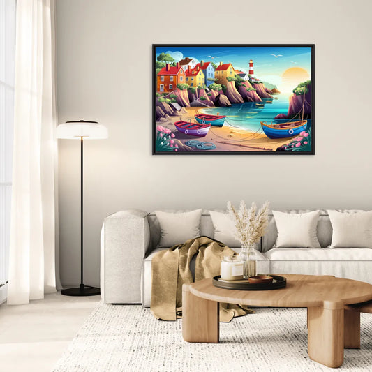Seaside Fishing Village - Living Room Black Frame Canvas