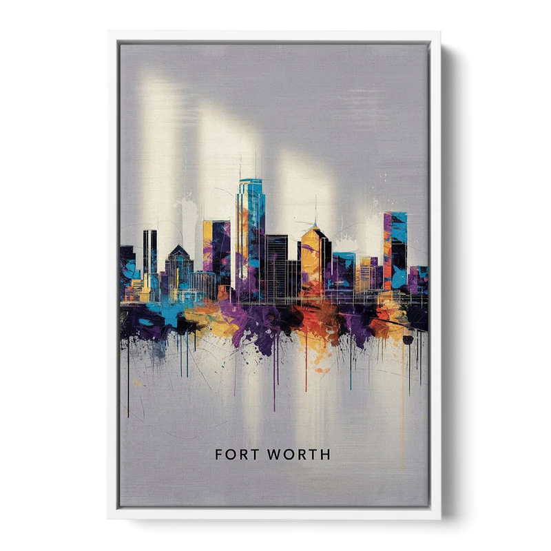 Fort Worth Downtown Skyline - White Frame Canvas